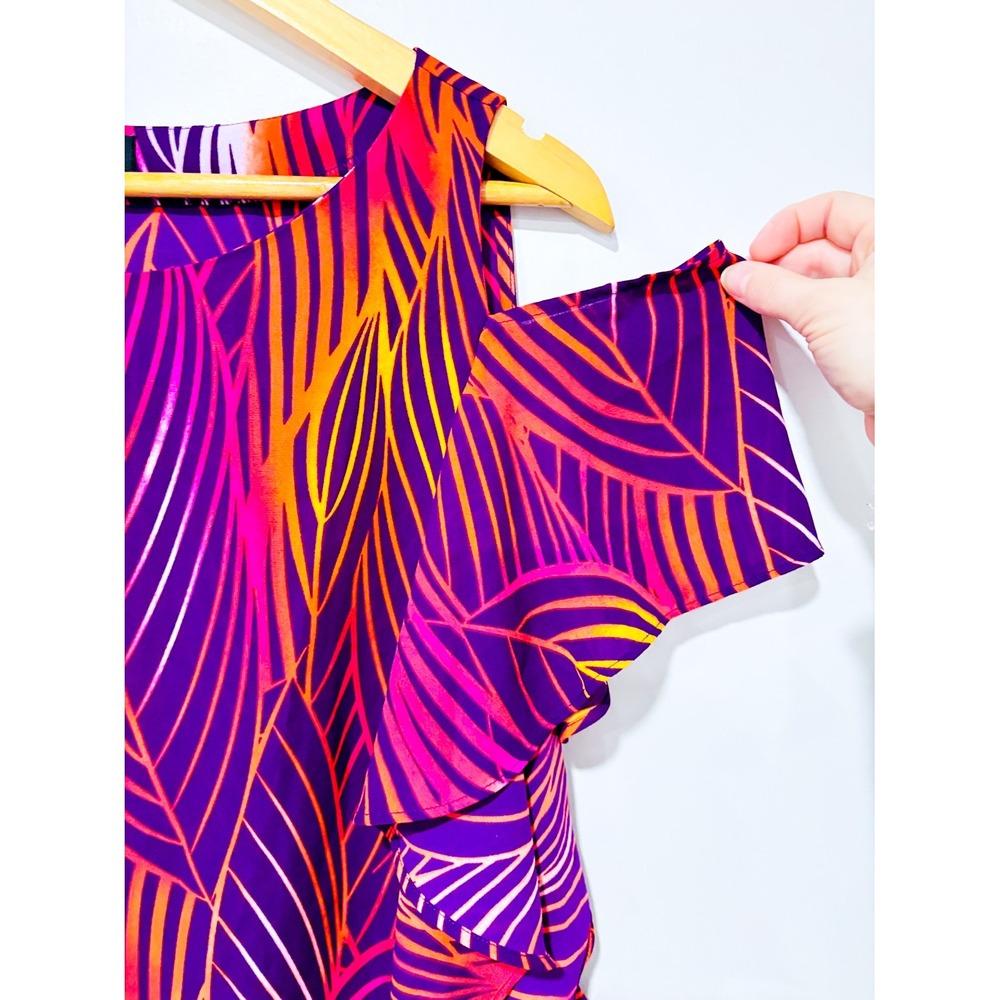 WORTHINGTON Purple orange leaf print cold shoulder top | Colorful | Large - Picture 5 of 7
